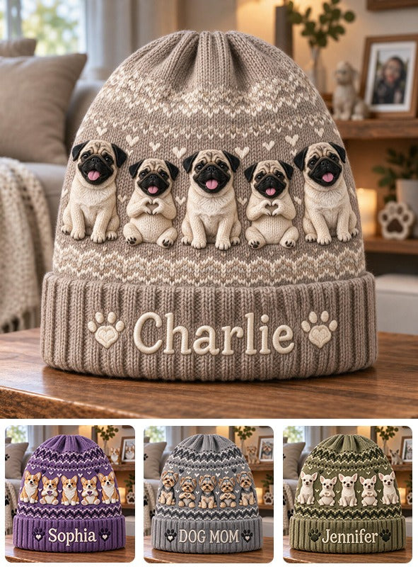 Personalized Fawn Black Mask Pug Knit Beanie Hat Pug Lover Gift
