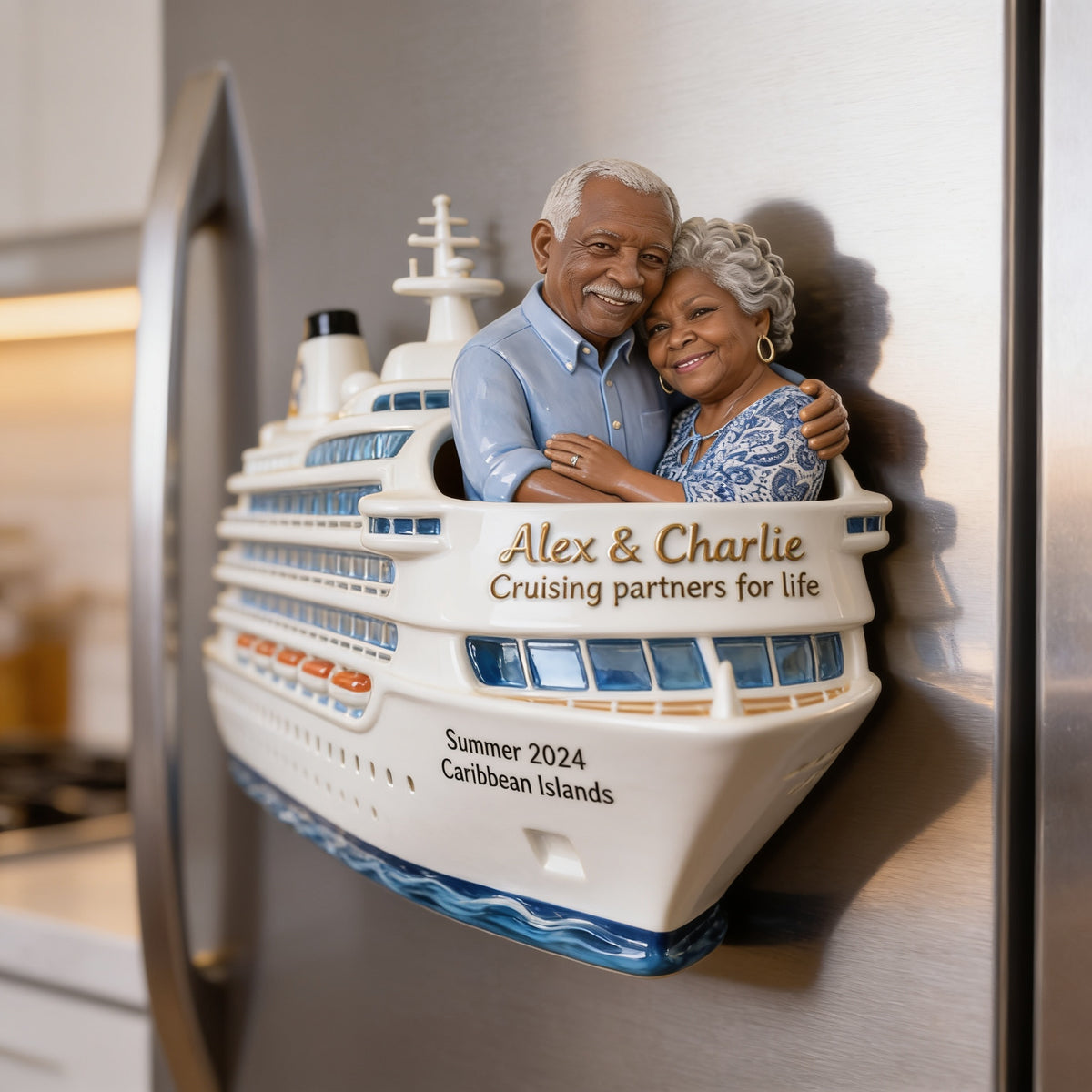 Personalized Older Black Couple Cruise Fridge Magnet Travel Keepsake Gift