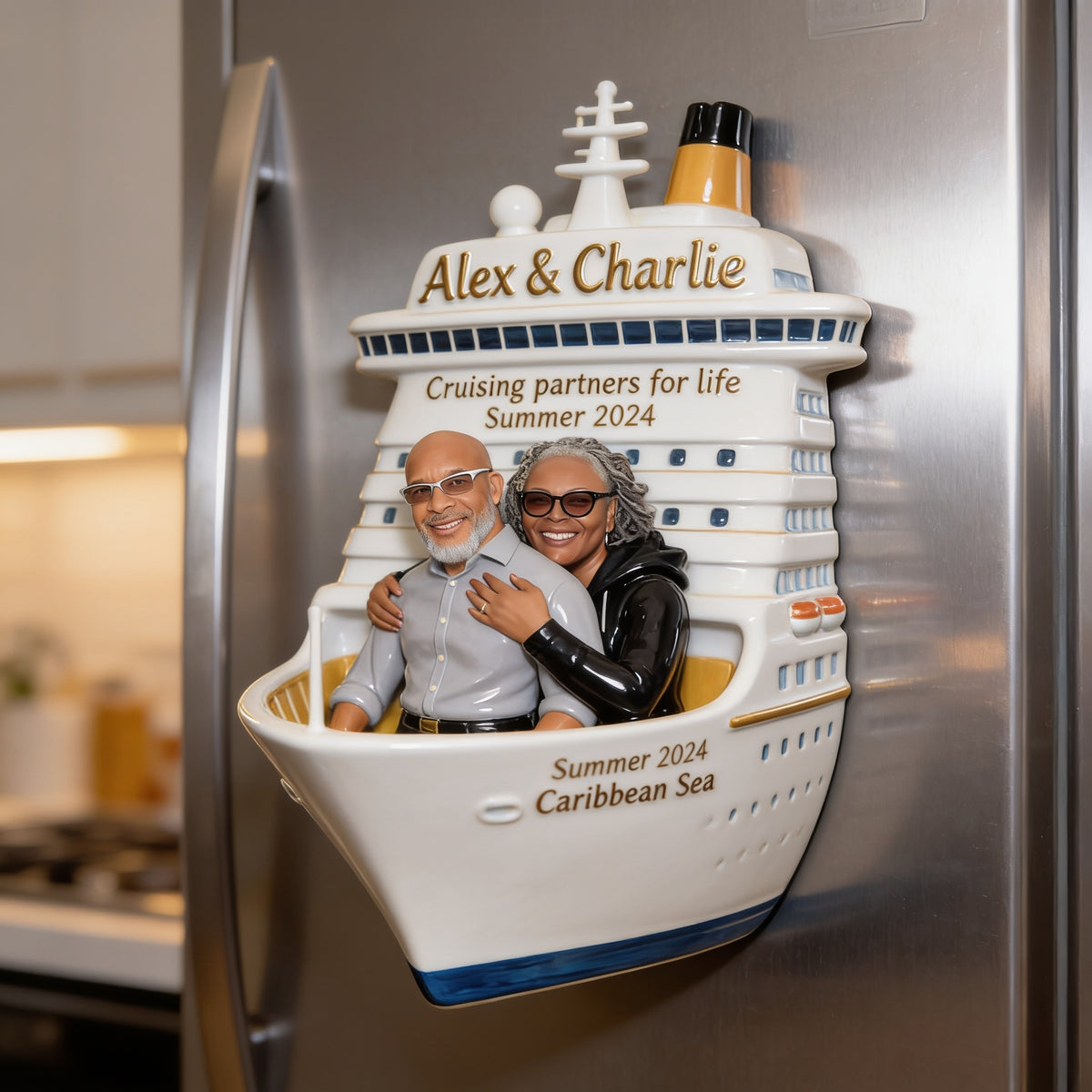 Personalized Middle-Aged Black Couple Cruise Fridge Magnet Travel Keepsake