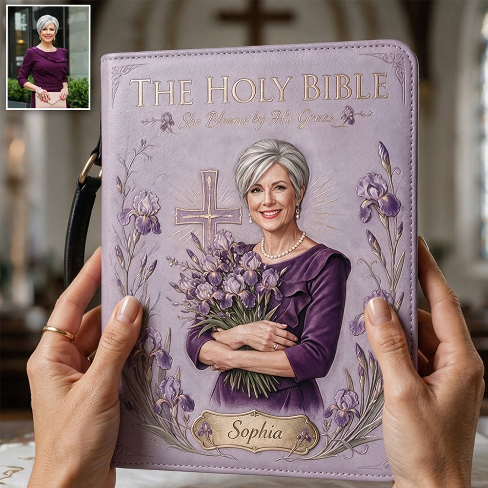 Personalized Older Woman Christian Leather Bible Cover Bag, Religious Gift for Grandma Mom Wife