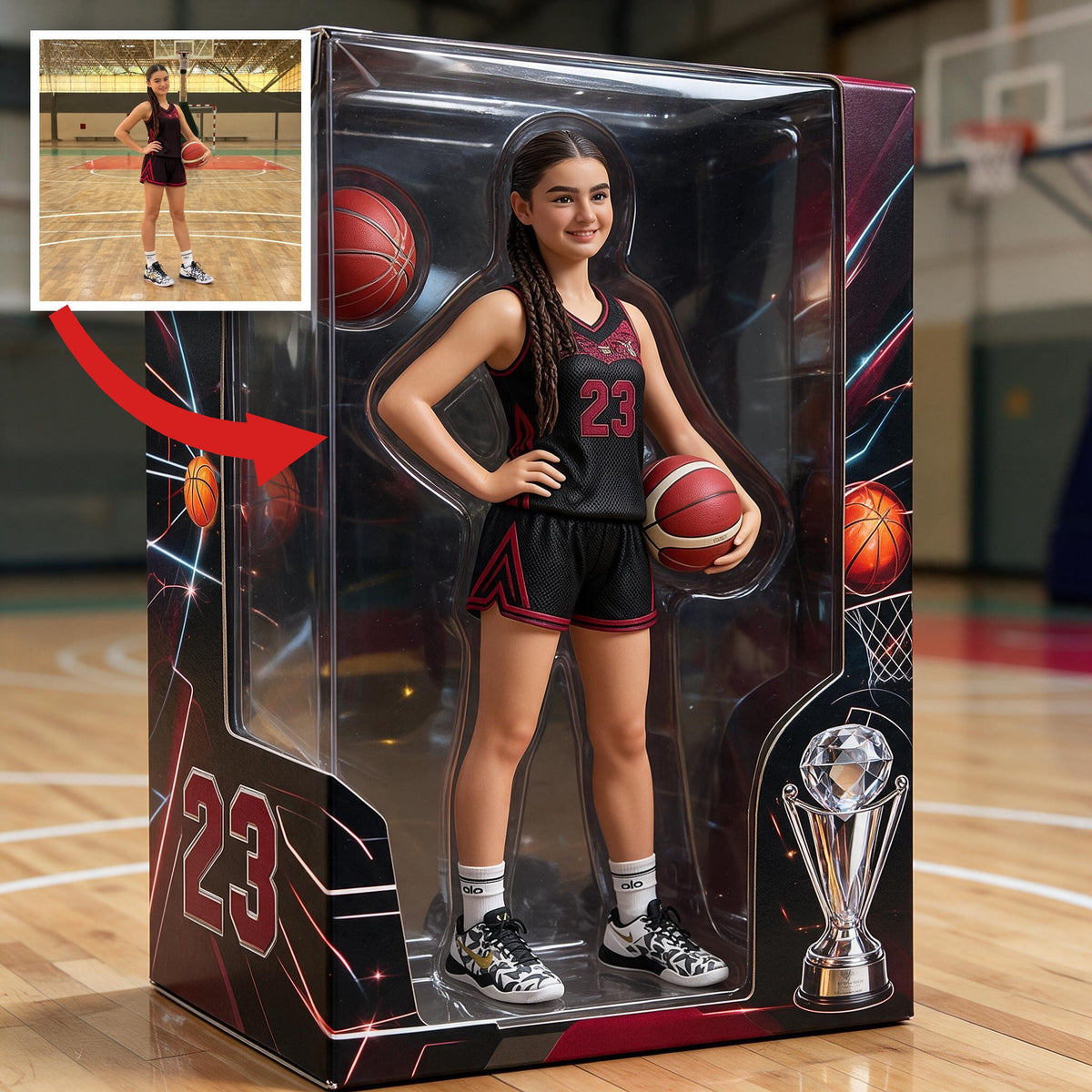 Personalized Latina Female Youth Basketball Player Acrylic Display Box Sports Keepsake