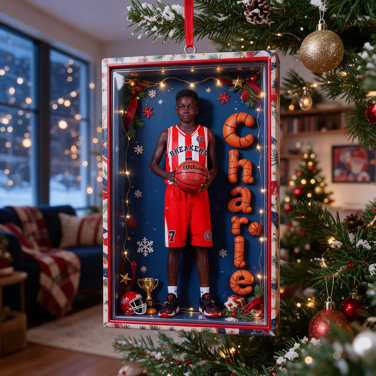 Personalized Christmas Black Male Youth Basketball Player Acrylic Ornament
