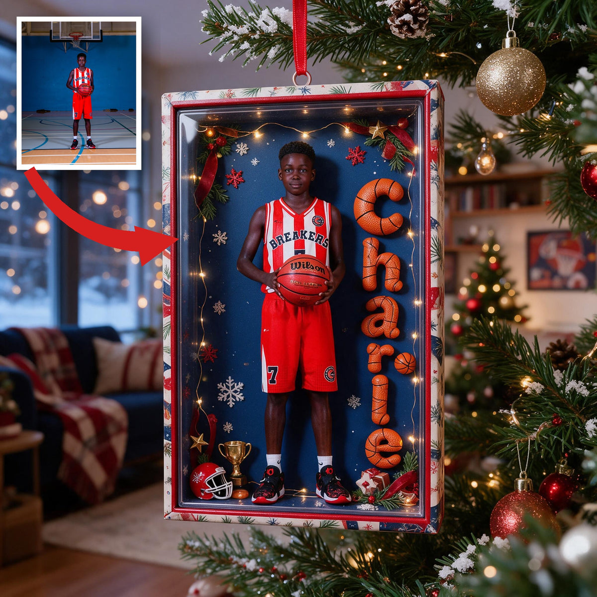 Personalized Christmas Black Male Youth Basketball Player Acrylic Ornament