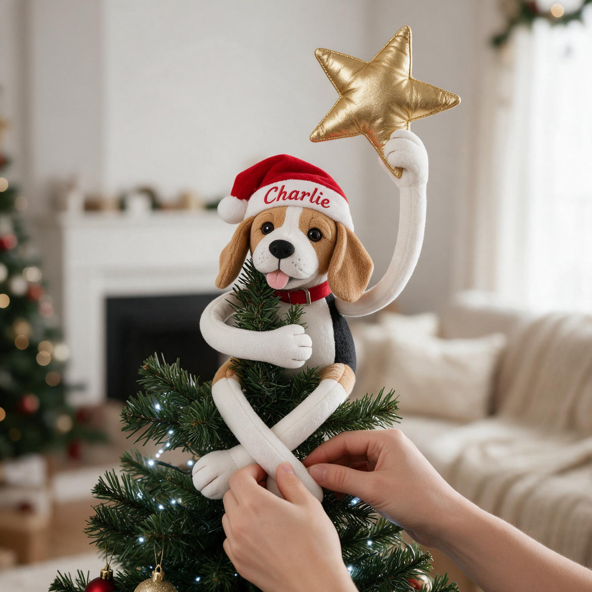 Personalized Christmas Tricolor Adult Beagle Posable Plush Doll Tree Topper Gift