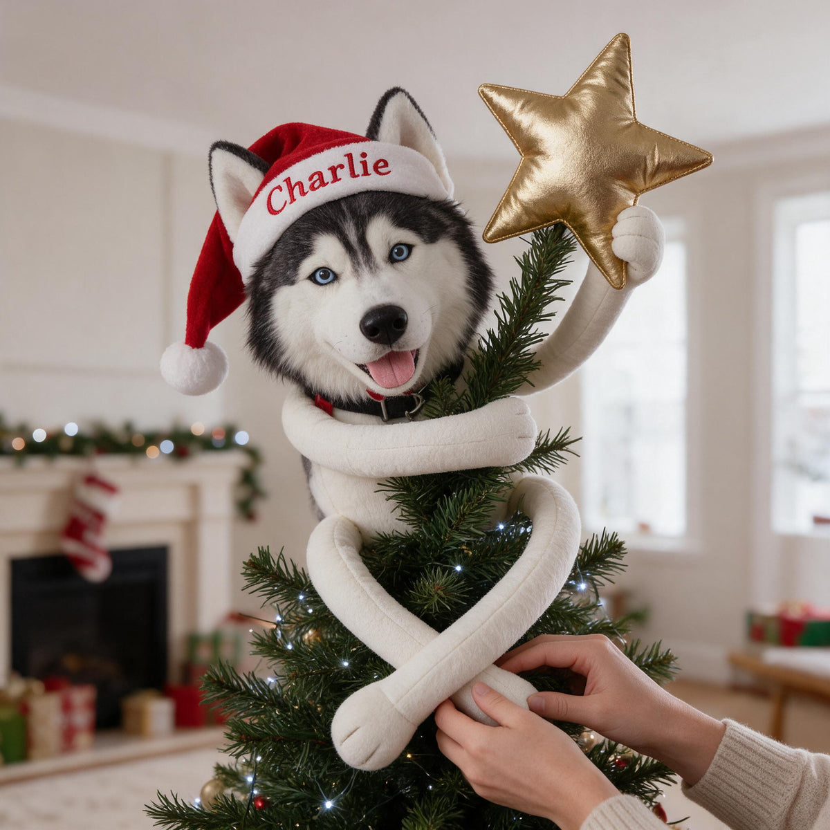 Personalized Christmas Black & White Blue Eyed Siberian Husky Posable Plush Doll