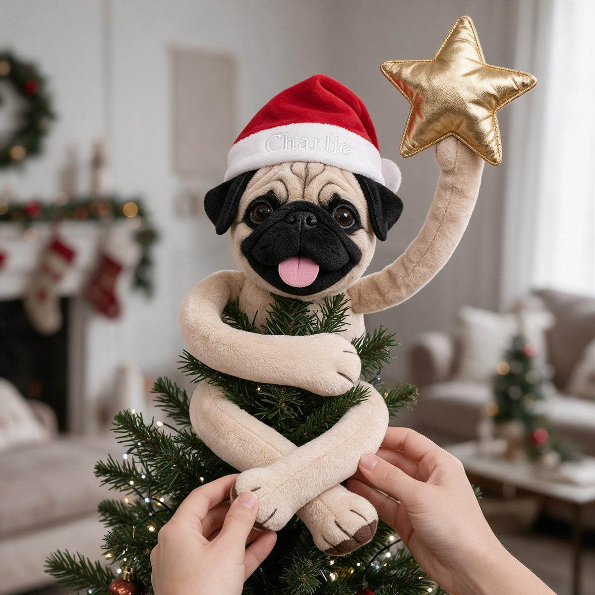 Personalized Christmas Fawn Black Mask Pug Posable Plush Doll Gift