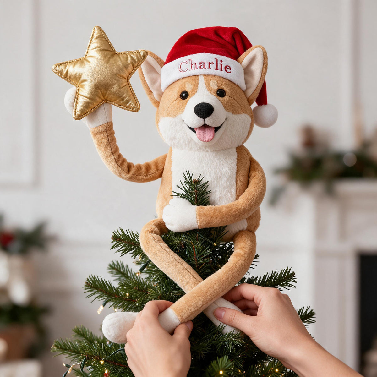 Personalized Christmas Tan & White Pembroke Welsh Corgi Posable Plush Doll