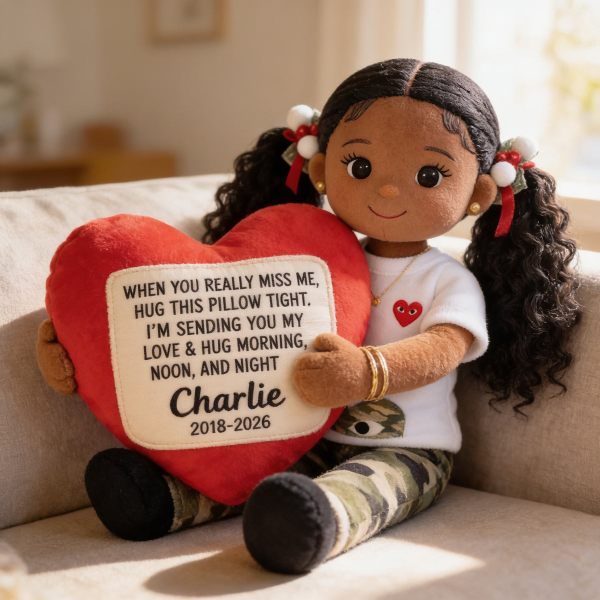 Personalized Memorial Black Little Girl Faux Fur Shaped Pillow Bereavement Gift