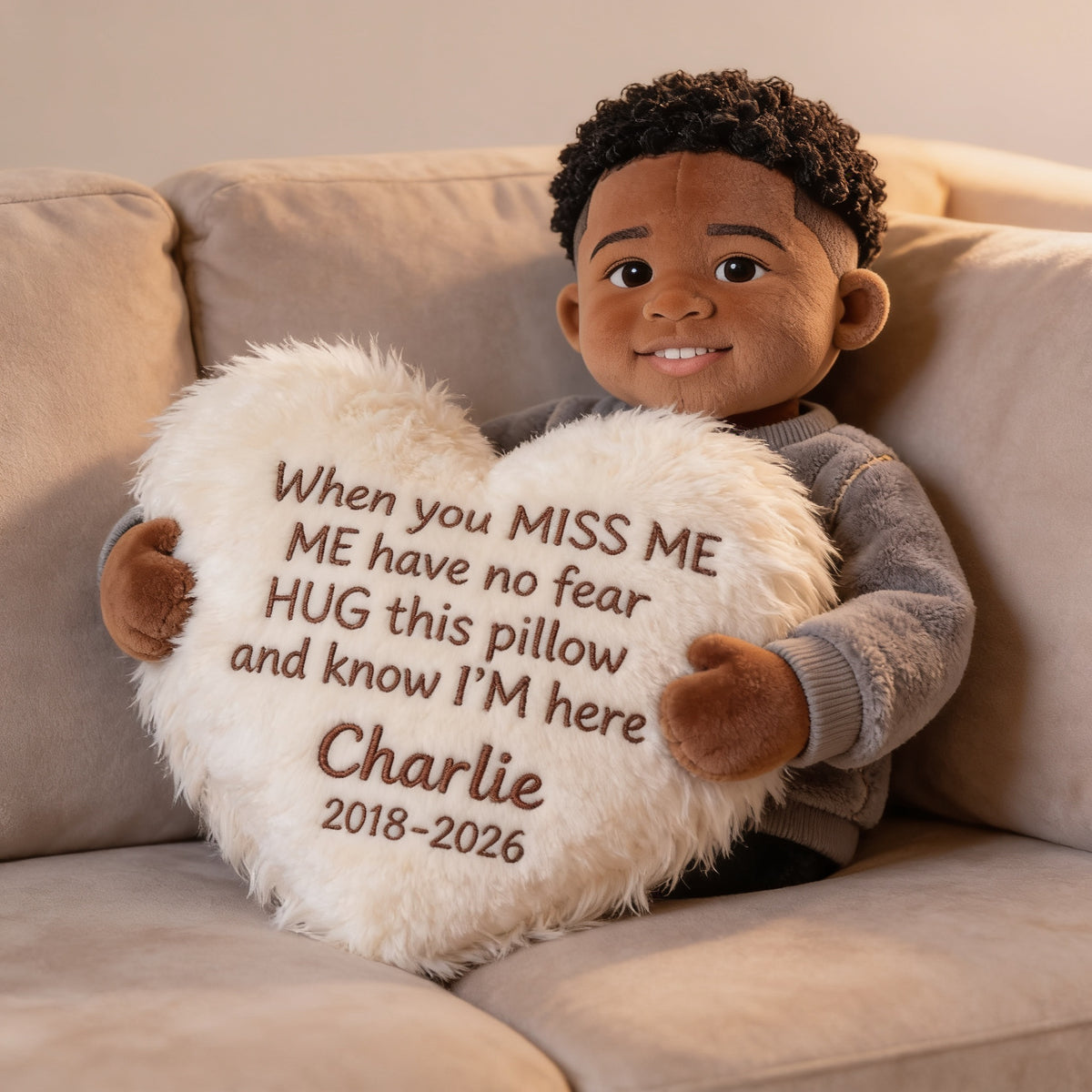 Personalized Black Little Boy Memorial Faux Fur Shaped Pillow