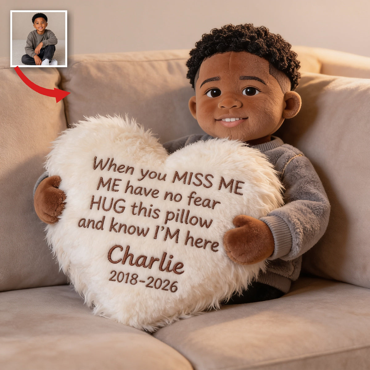 Personalized Black Little Boy Memorial Faux Fur Shaped Pillow