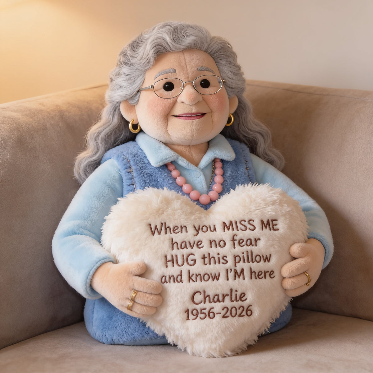 Personalized Older Latina Woman Grandma Memorial Faux Fur Shaped Pillow 1956-2026