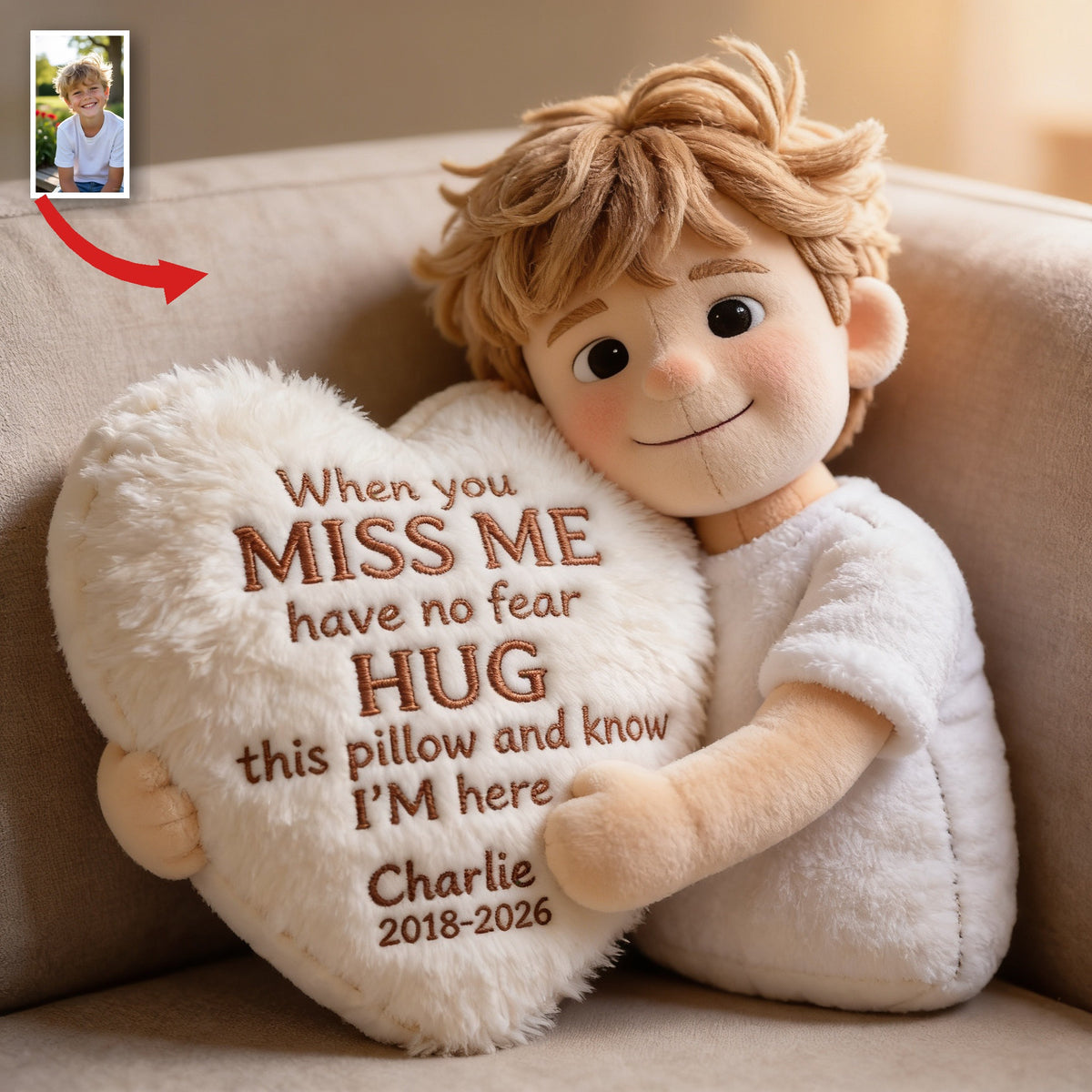 Personalized Little Boy Memorial Faux Fur Shaped Pillow Remembrance Gift