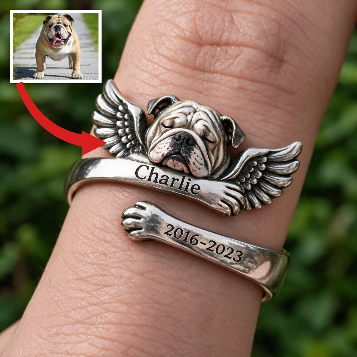 Personalized Bulldog Memorial Adjustable Ring Pet Loss Keepsake Gift