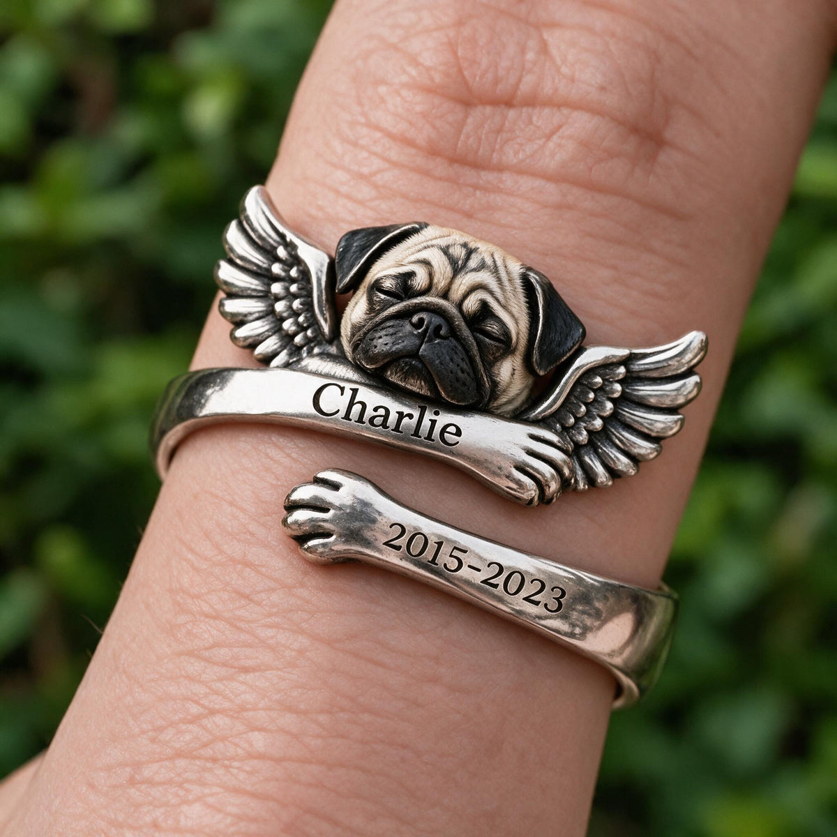 Personalized Fawn Pug Memorial Adjustable Ring Pet Keepsake