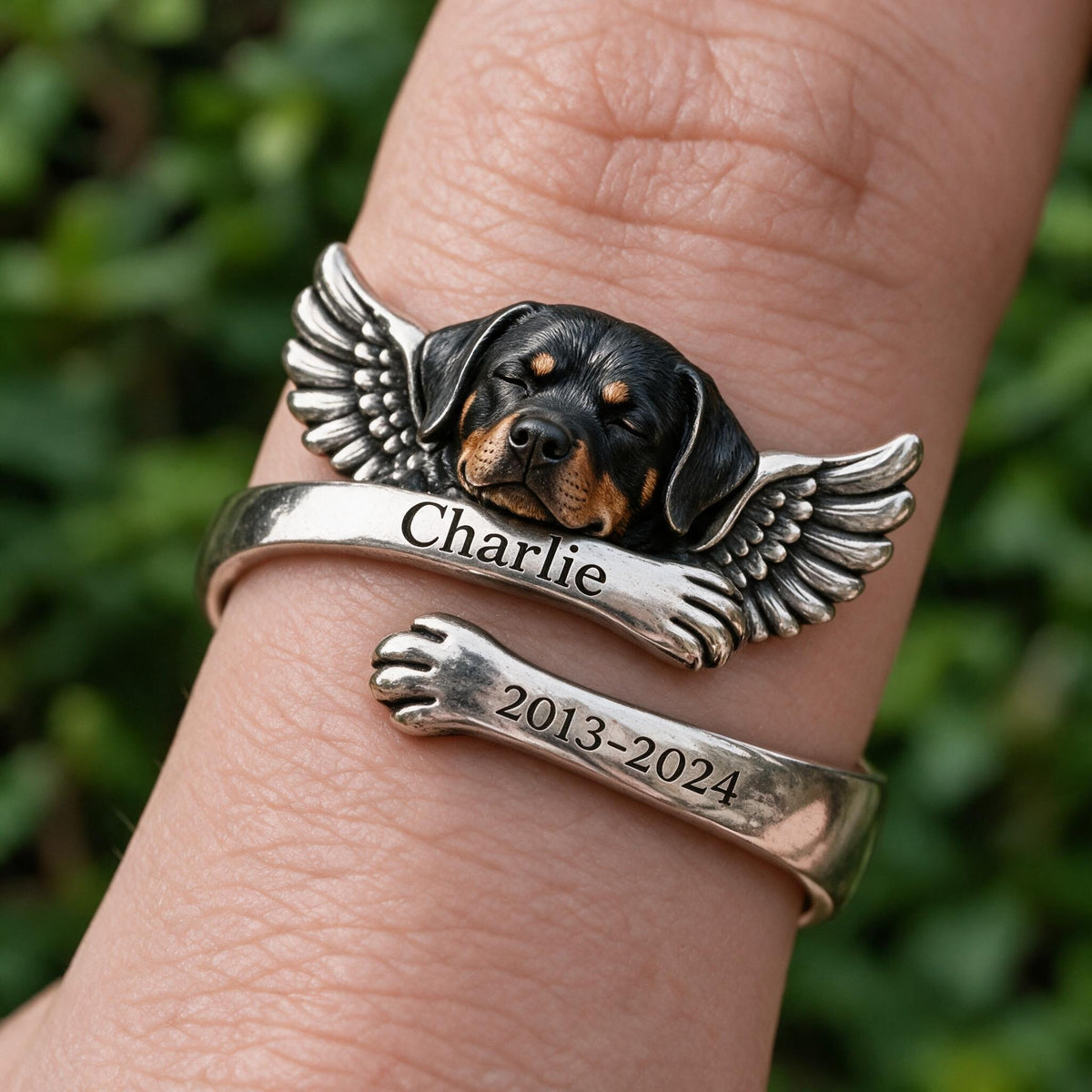 Personalized Black and Tan Adult Rottweiler Adjustable Memorial Ring Pet Keepsake