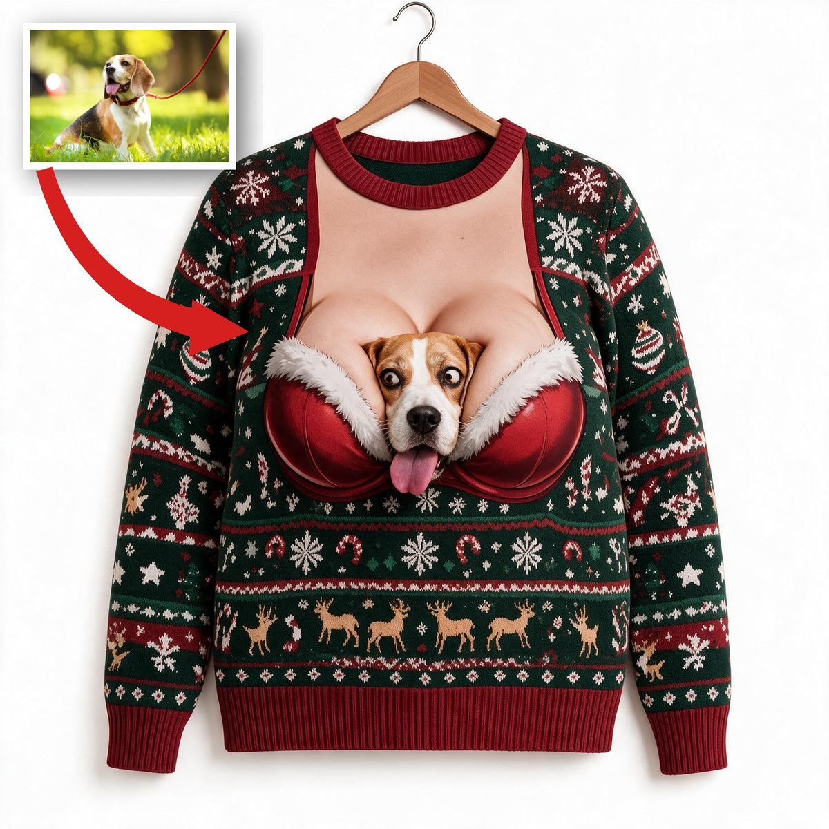 Custom Photo Christmas Tricolor Adult Beagle Funny Ugly Sweater