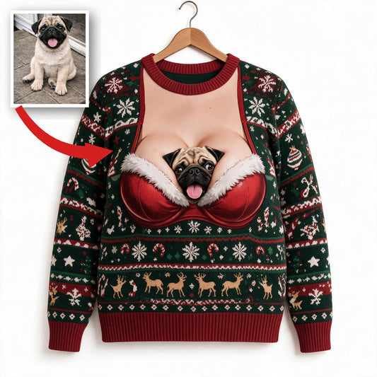 Personalisierter Foto-Weihnachts-Fawn-Pug Lustiger Hässlicher Pullover
