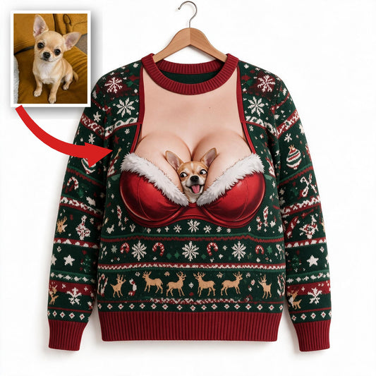 Personalisierter Foto-Weihnachts-Fawn-Chihuahua-Hund Ugly Sweater Geschenk