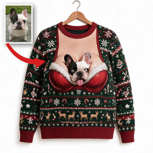 Personalisierter Foto-Weihnachts-Pullover mit französischem Bulldoggen-Motiv