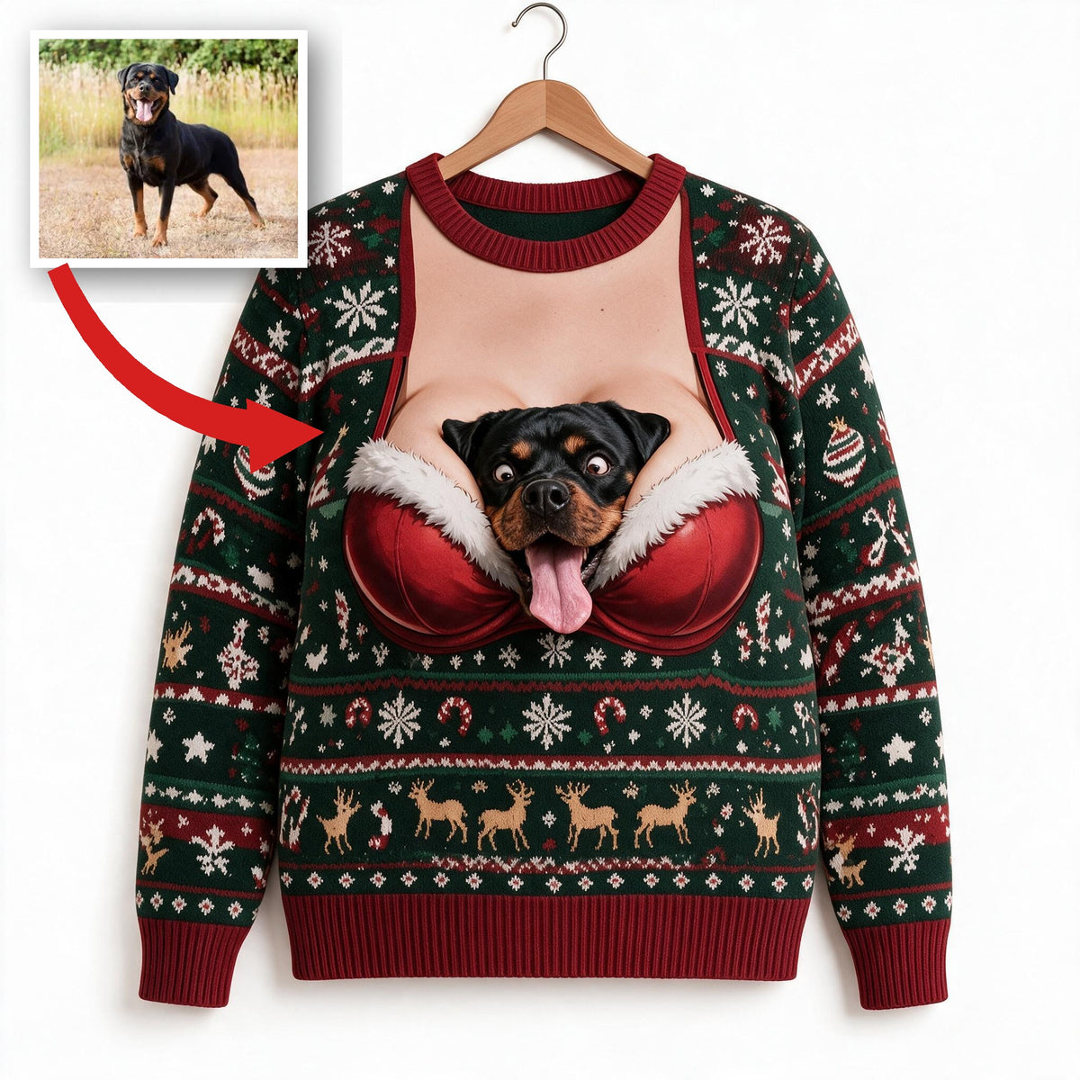 Custom Photo Christmas Black and Tan Rottweiler Ugly Sweater Funny Holiday Gift