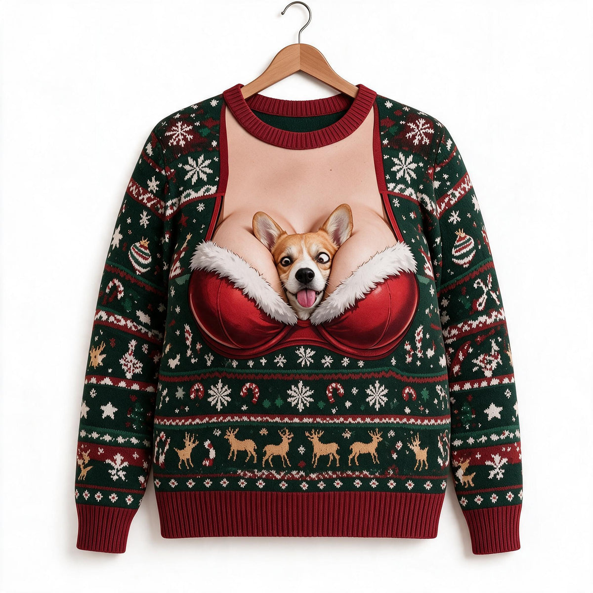 Custom Photo Christmas Tan and White Pembroke Welsh Corgi Ugly Sweater Funny Holiday Gift