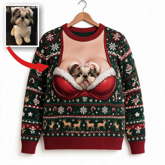 Personalisierter Foto Weihnachten Flauschiger Shih Tzu Hässlicher Pullover Lustiges Haustier Geschenk