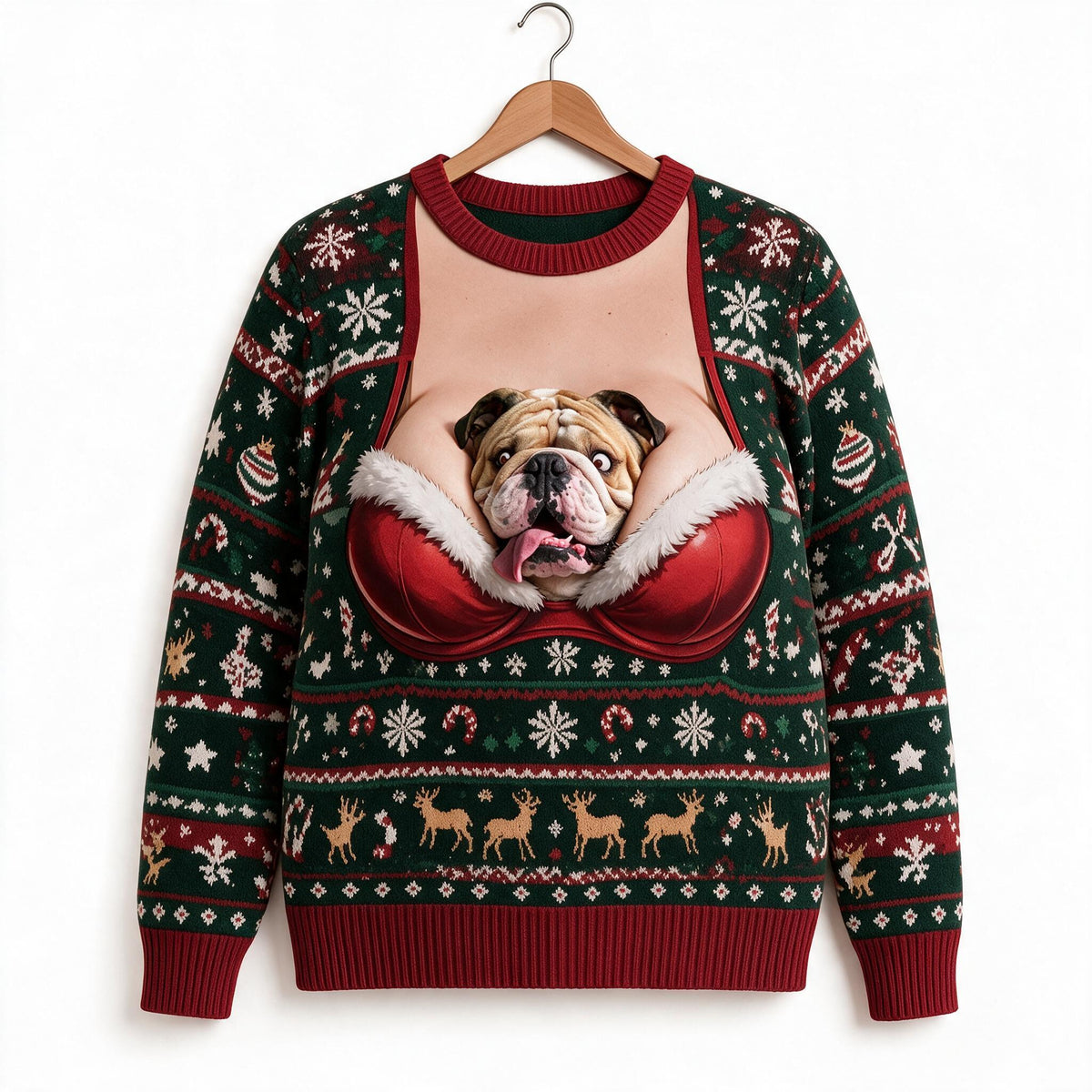 Custom Photo Christmas Fawn White Bulldog Ugly Sweater Funny Holiday Gift