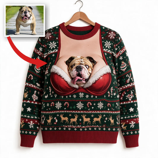 Personalisierter Foto-Weihnachts-Fawn-Weißer Bulldog Ugly Sweater Lustiges Geschenk