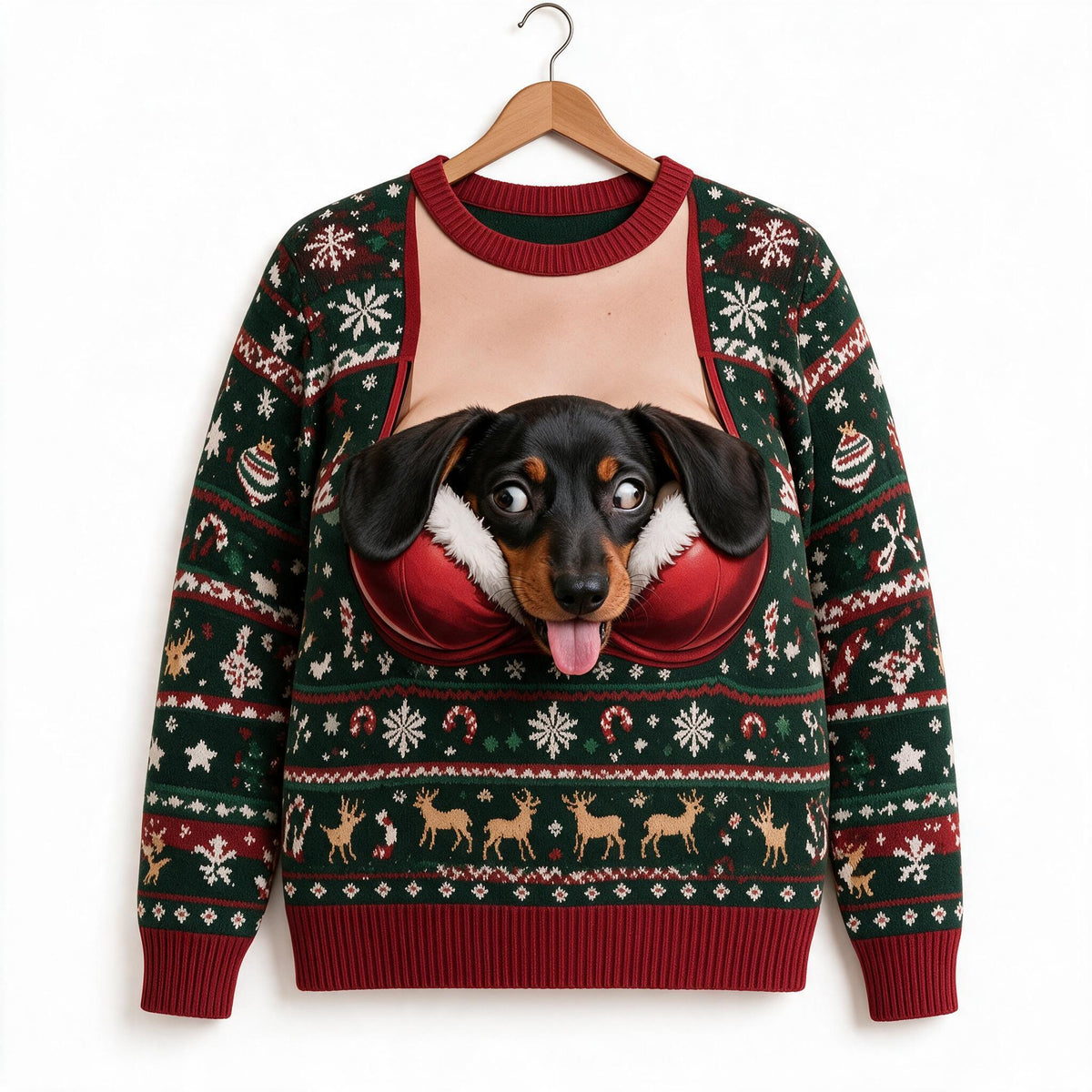 Custom Photo Christmas Black and Tan Dachshund Puppy Ugly Sweater Funny Gift
