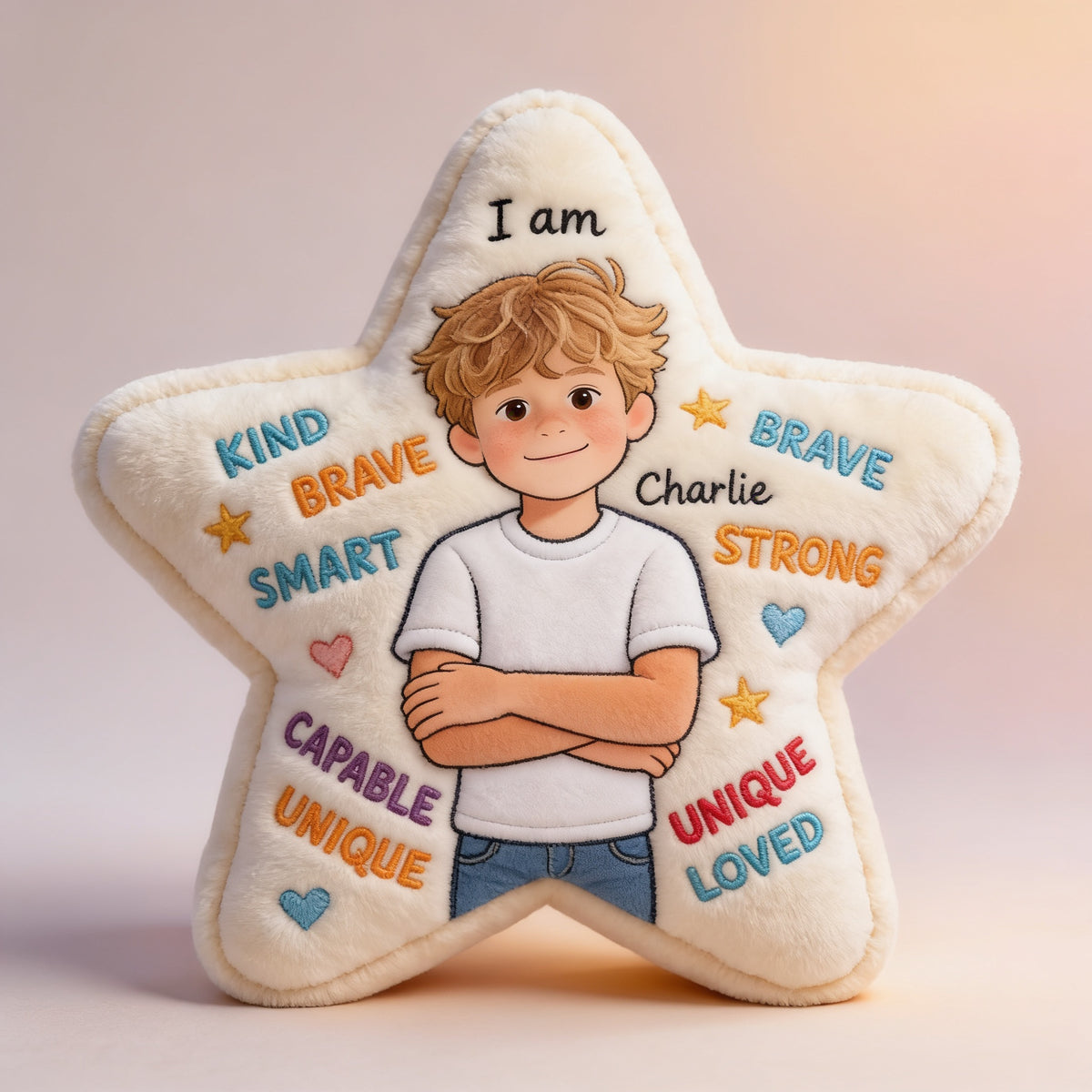 Personalized Little Boy Affirmation Star Faux Fur Pillow Kid Gift