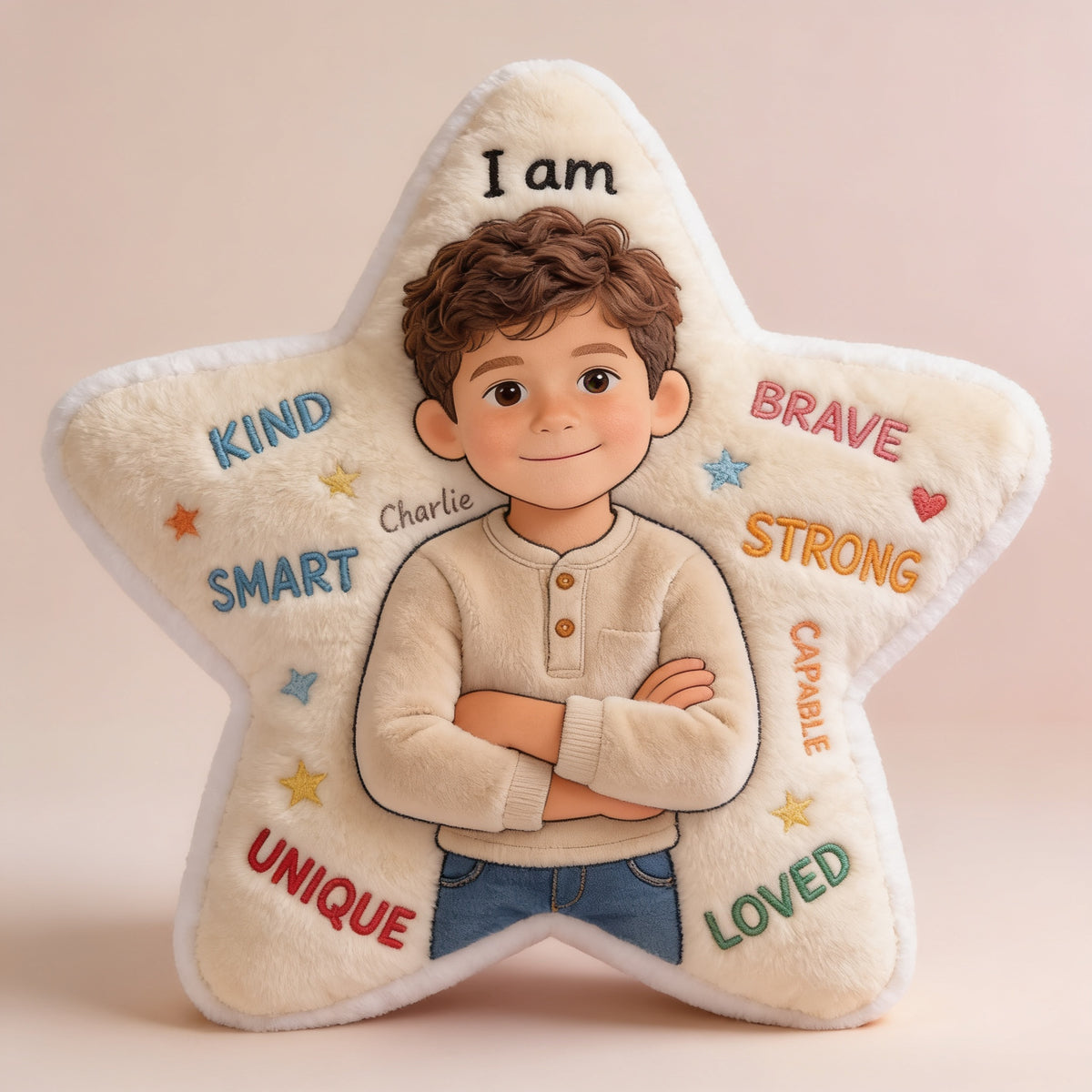 Personalized Latino Little Boy Affirmations Star Faux Fur Pillow, Son Grandson Nephew Gift