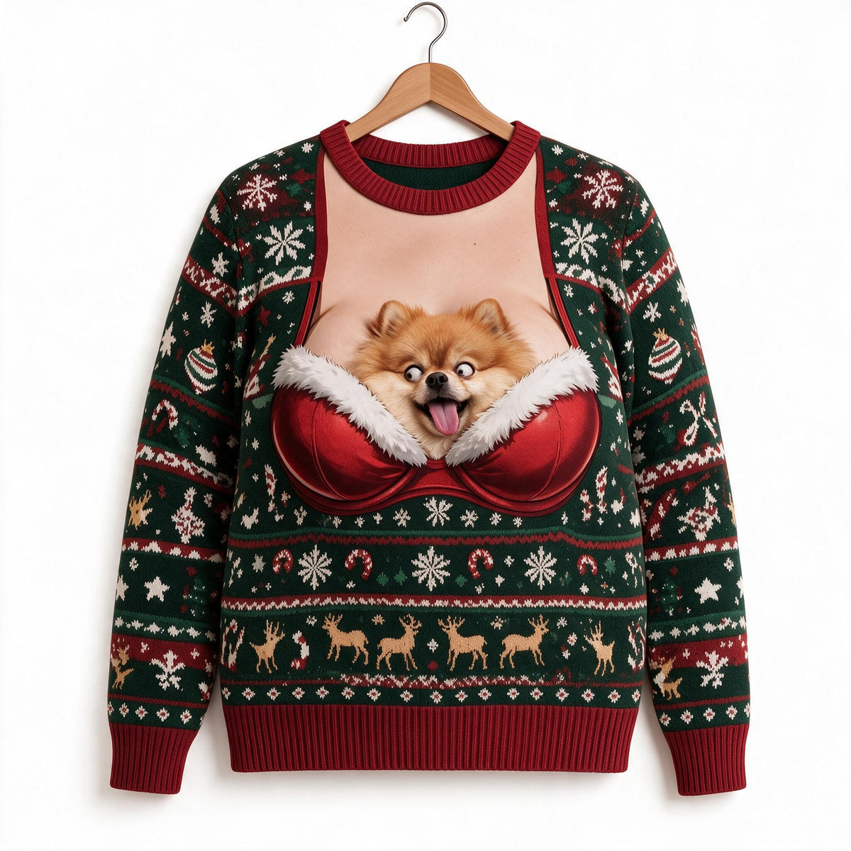 Custom Photo Christmas Fluffy Golden Tan Pomeranian Ugly Sweater Funny Pet Gift