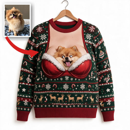 Personalisierter Foto-Weihnachts-Pomeranian Ugly Sweater Lustiges Haustiergeschenk