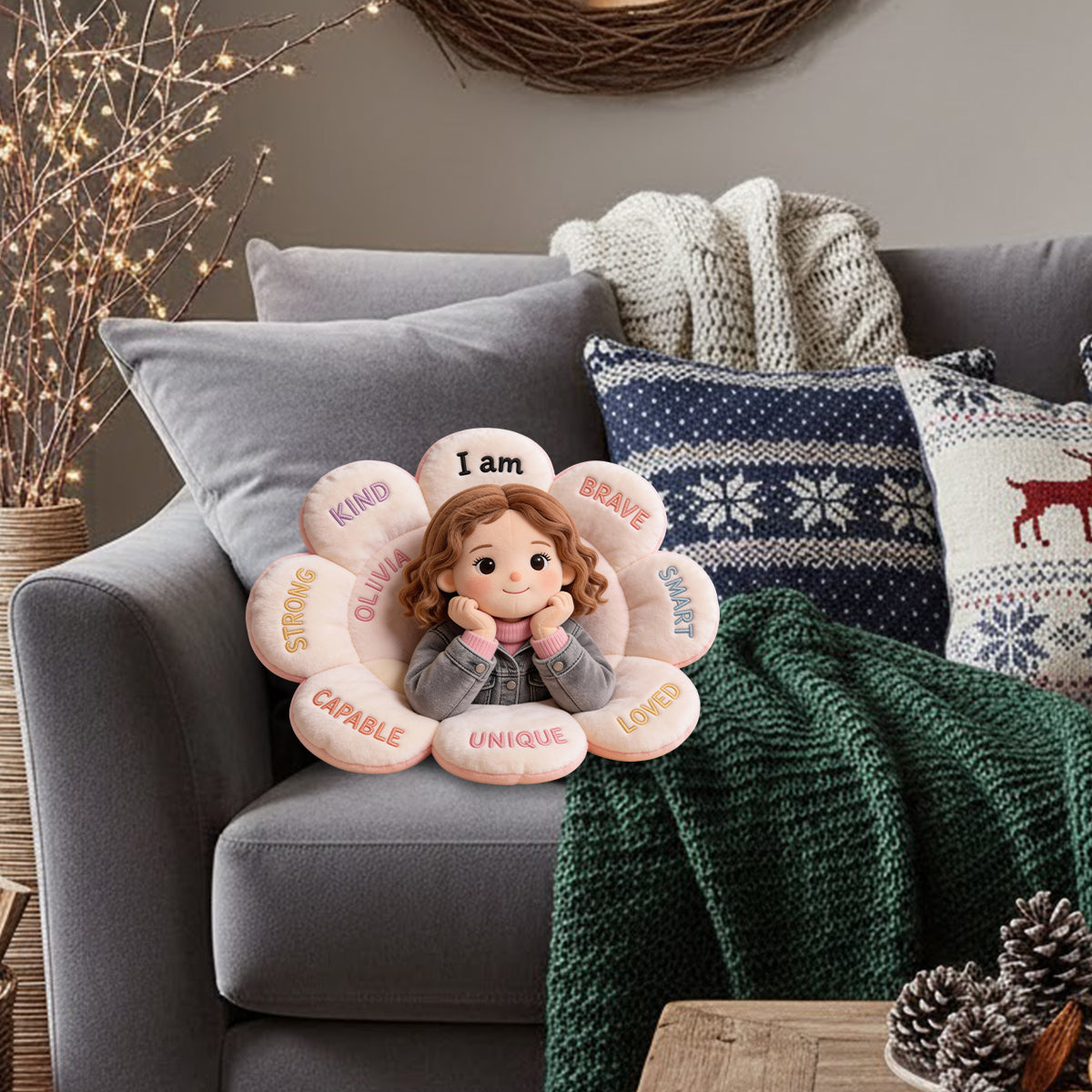 Personalized Little Boy Affirmation Star Faux Fur Pillow Kid Gift