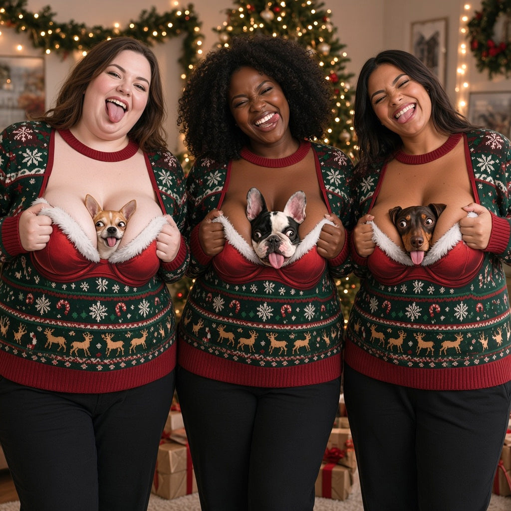 Custom Photo Christmas Fluffy Golden Tan Pomeranian Ugly Sweater Funny Pet Gift