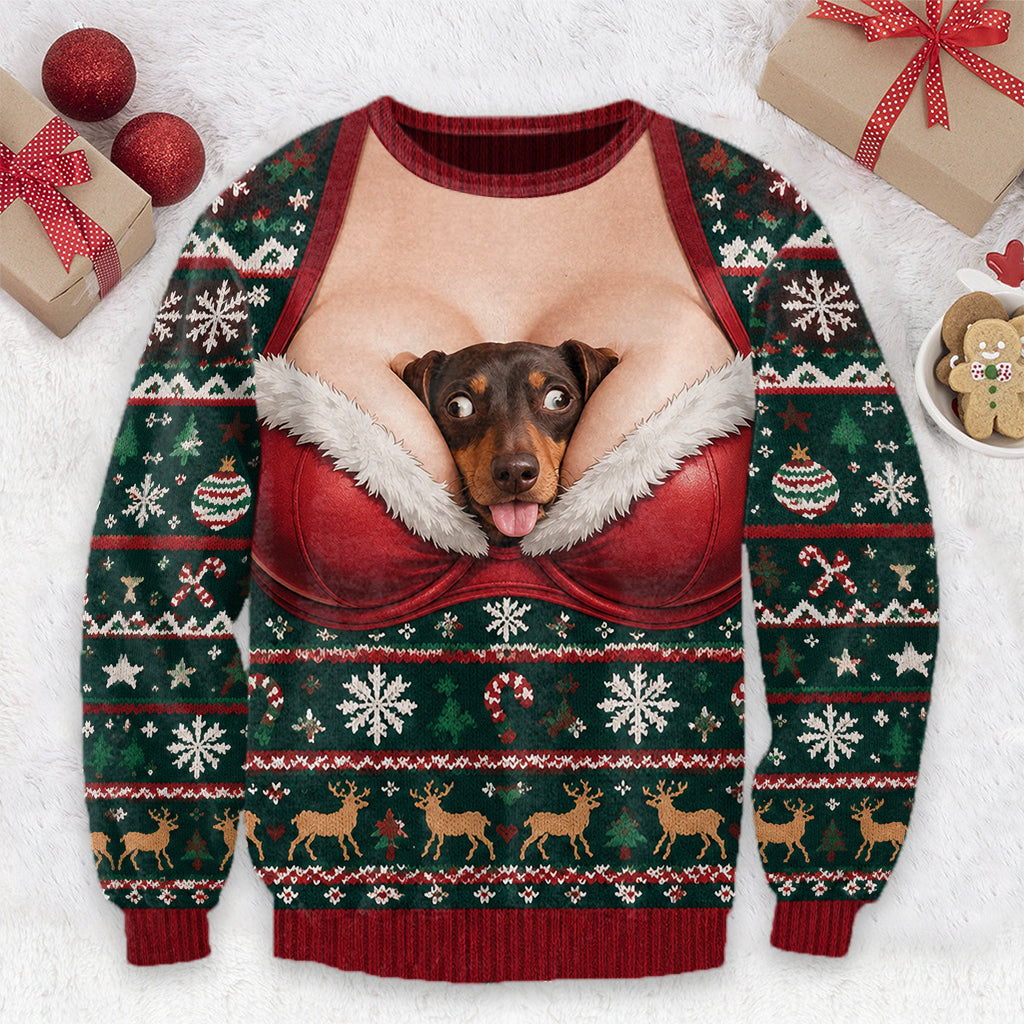 Custom Photo Christmas Black and Tan Dachshund Puppy Ugly Sweater Funny Gift