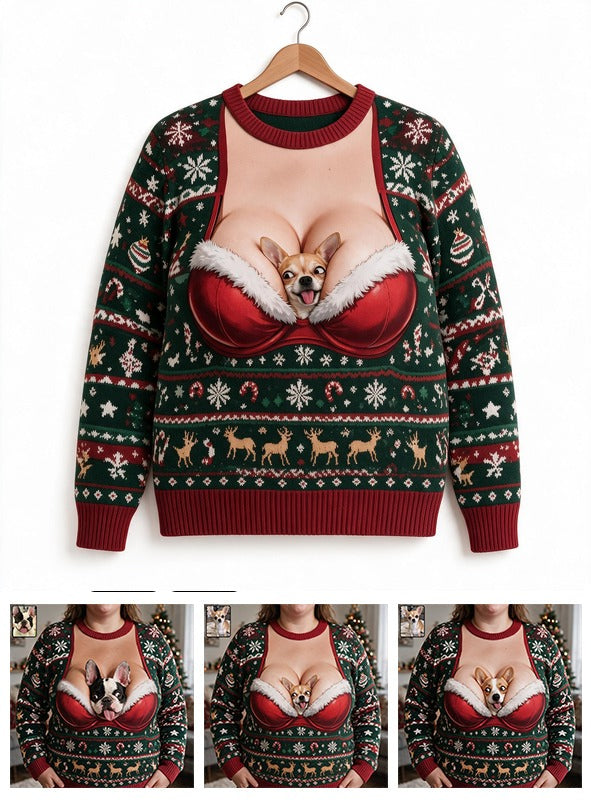 Custom Photo Christmas Fawn Chihuahua Puppy Ugly Sweater Funny Pet Gift