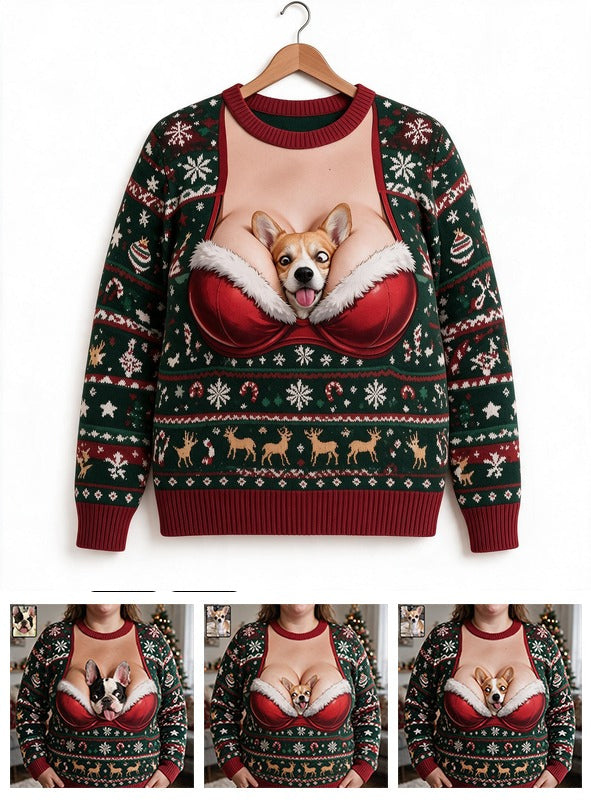 Custom Photo Christmas Tan and White Pembroke Welsh Corgi Ugly Sweater Funny Holiday Gift