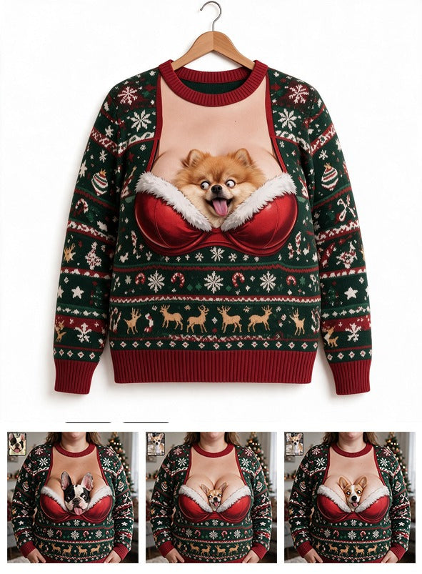 Custom Photo Christmas Fluffy Golden Tan Pomeranian Ugly Sweater Funny Pet Gift