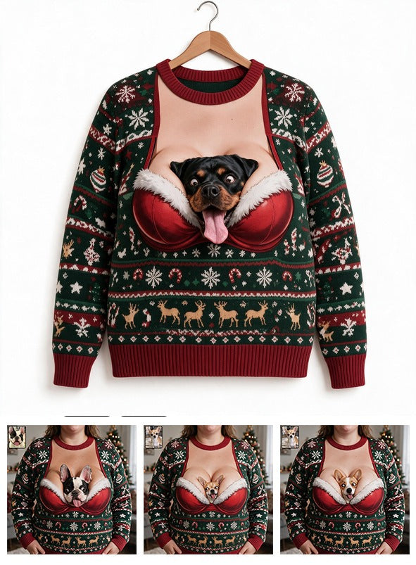 Custom Photo Christmas Black and Tan Rottweiler Ugly Sweater Funny Holiday Gift