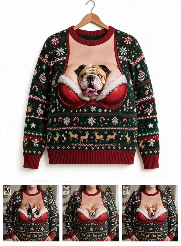Custom Photo Christmas Fawn White Bulldog Ugly Sweater Funny Holiday Gift