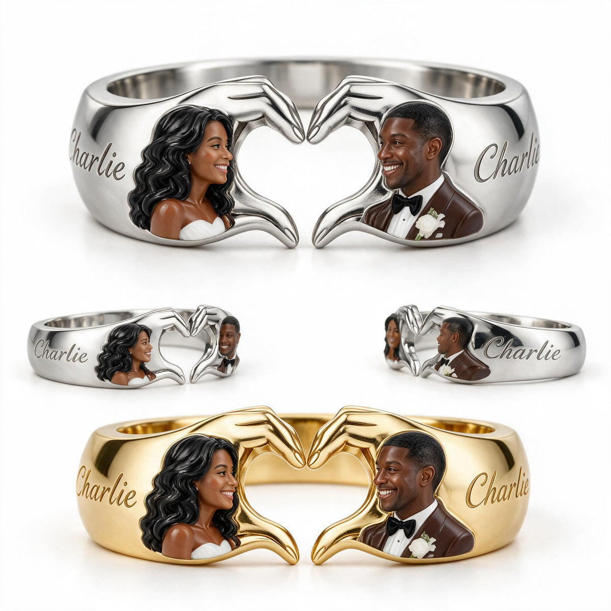 Personalized Wedding Anniversary Black Couple Heart Ring Gift for Husband Wife