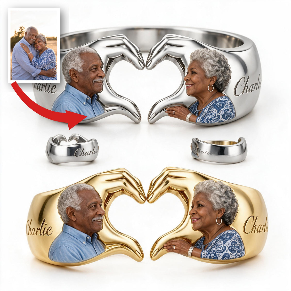 Personalized Anniversary Older Black Couple Adjustable Hand Heart Ring