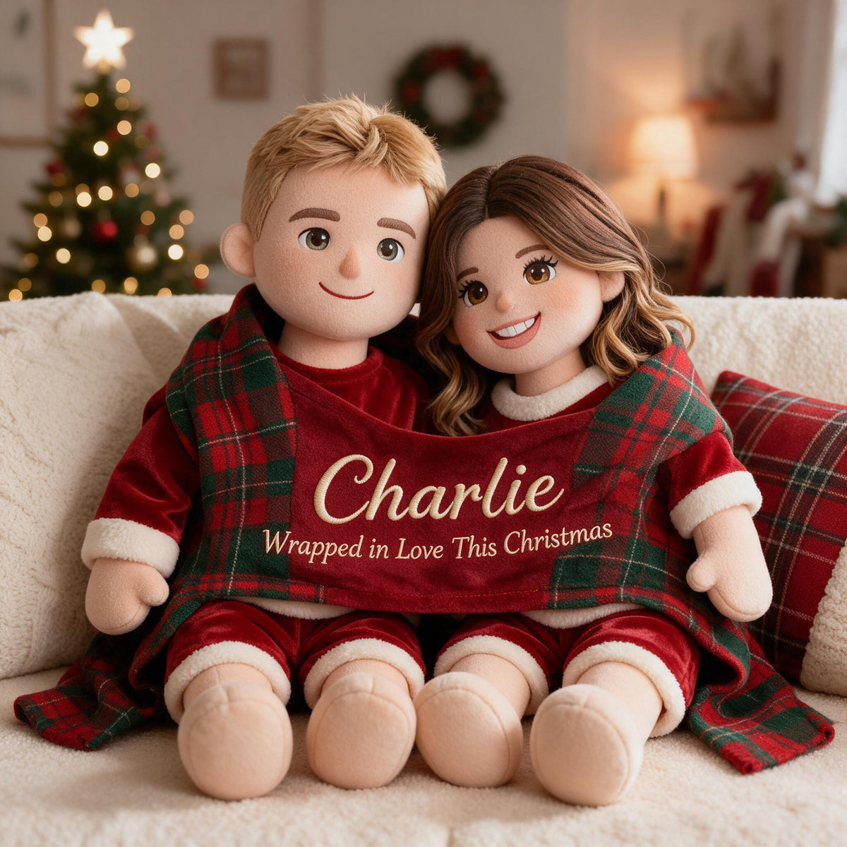 Personalized Christmas Couple Faux Fur Pillow Holiday Home Decor Gift