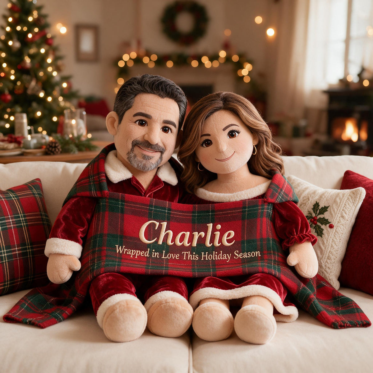Personalized Christmas Middle-Aged Latino Couple Faux Fur Pillow Holiday Gift