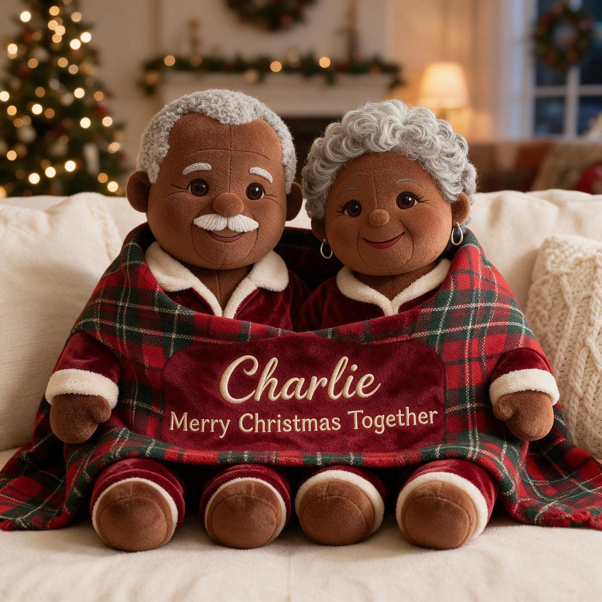 Personalized Christmas Older Black Couple Faux Fur Pillow Gift for Grandparents