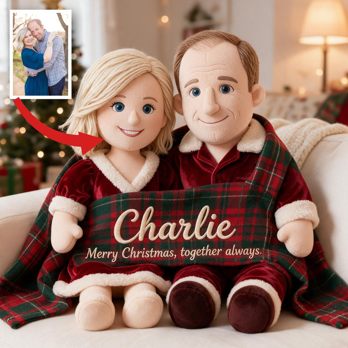Personalized Christmas Middle-Aged Couple Faux Fur Pillow, Custom Holiday Couple Gift