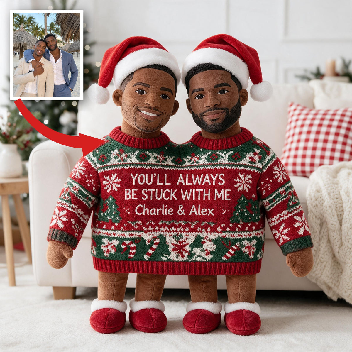 Custom Photo Christmas Black Gay Couple Faux Fur Pillow LGBT Couple Gift