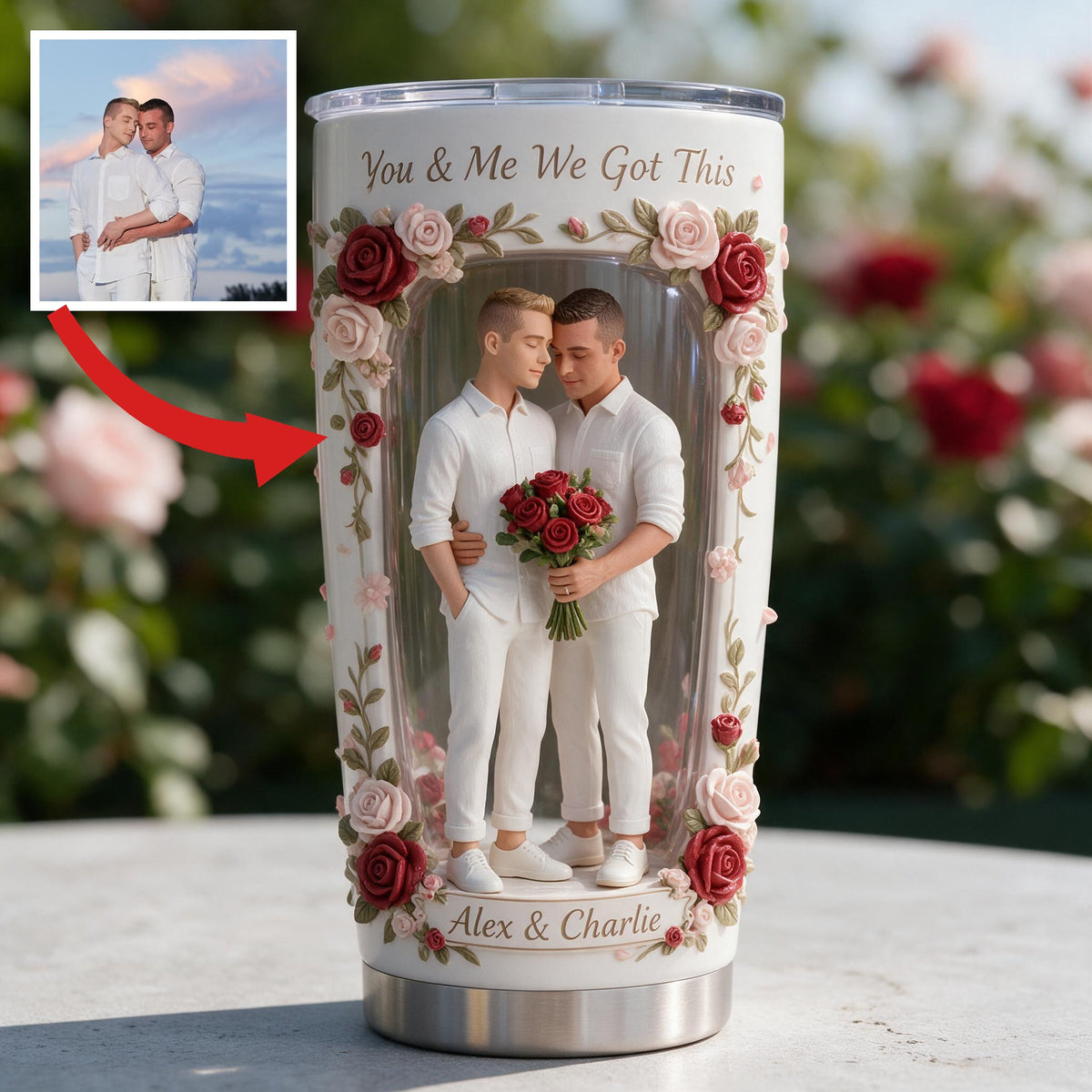 Custom Photo Gay Couple Floral Tumbler, LGBT Couple Gift