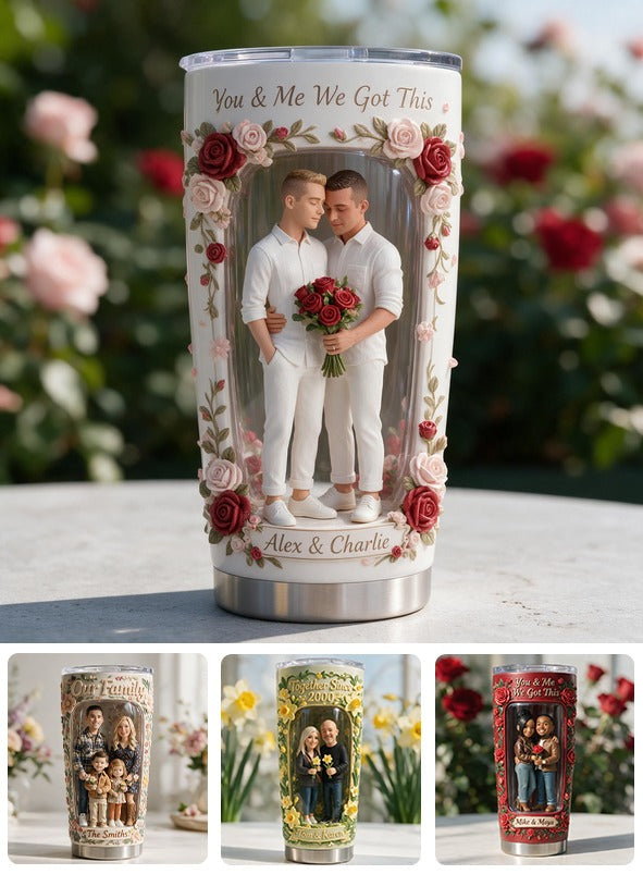 Custom Photo Gay Couple Floral Tumbler, LGBT Couple Gift